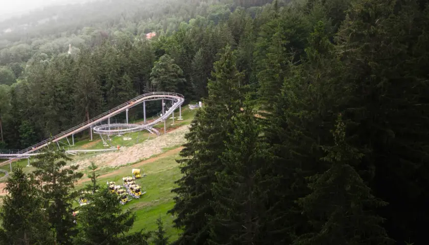 Tor saneczkowy w otoczeniu lasu, z widocznymi w dole żółtymi wagonikami.